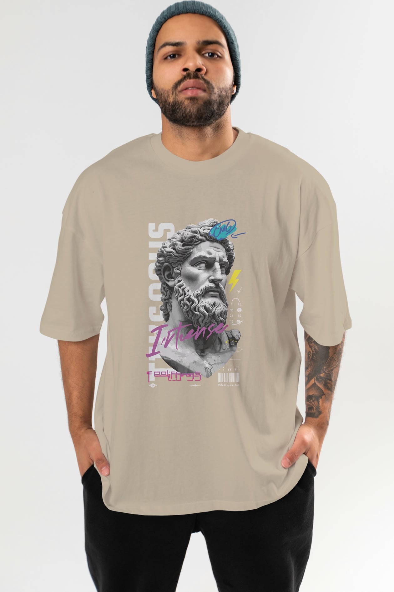 Zeus Intense ön Baskılı Oversize t-shirt Erkek Kadın %100 Pamuk Bisiklet Yaka tişort