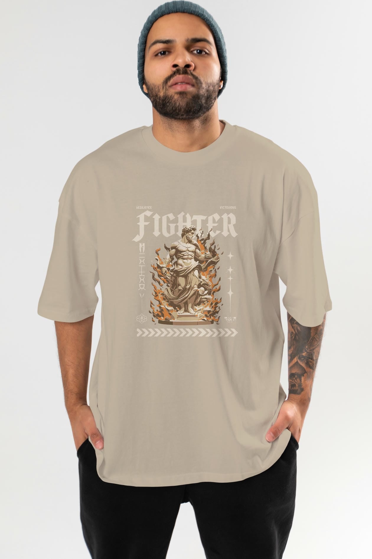 Fighter ön Baskılı Oversize t-shirt Erkek Kadın %100 Pamuk Bisiklet Yaka tişort
