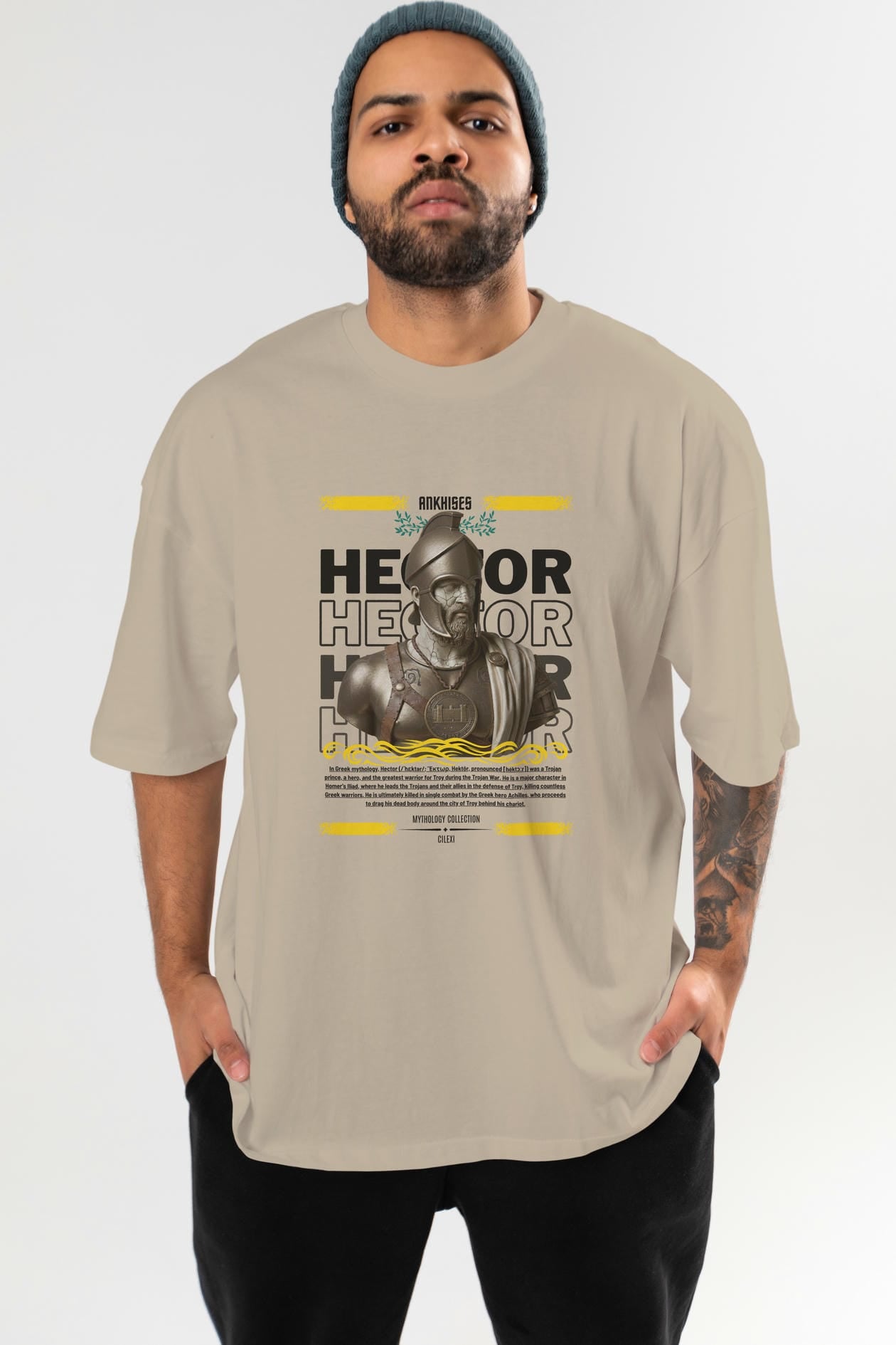 Hector 1 ön Baskılı Oversize t-shirt Erkek Kadın %100 Pamuk Bisiklet Yaka tişort