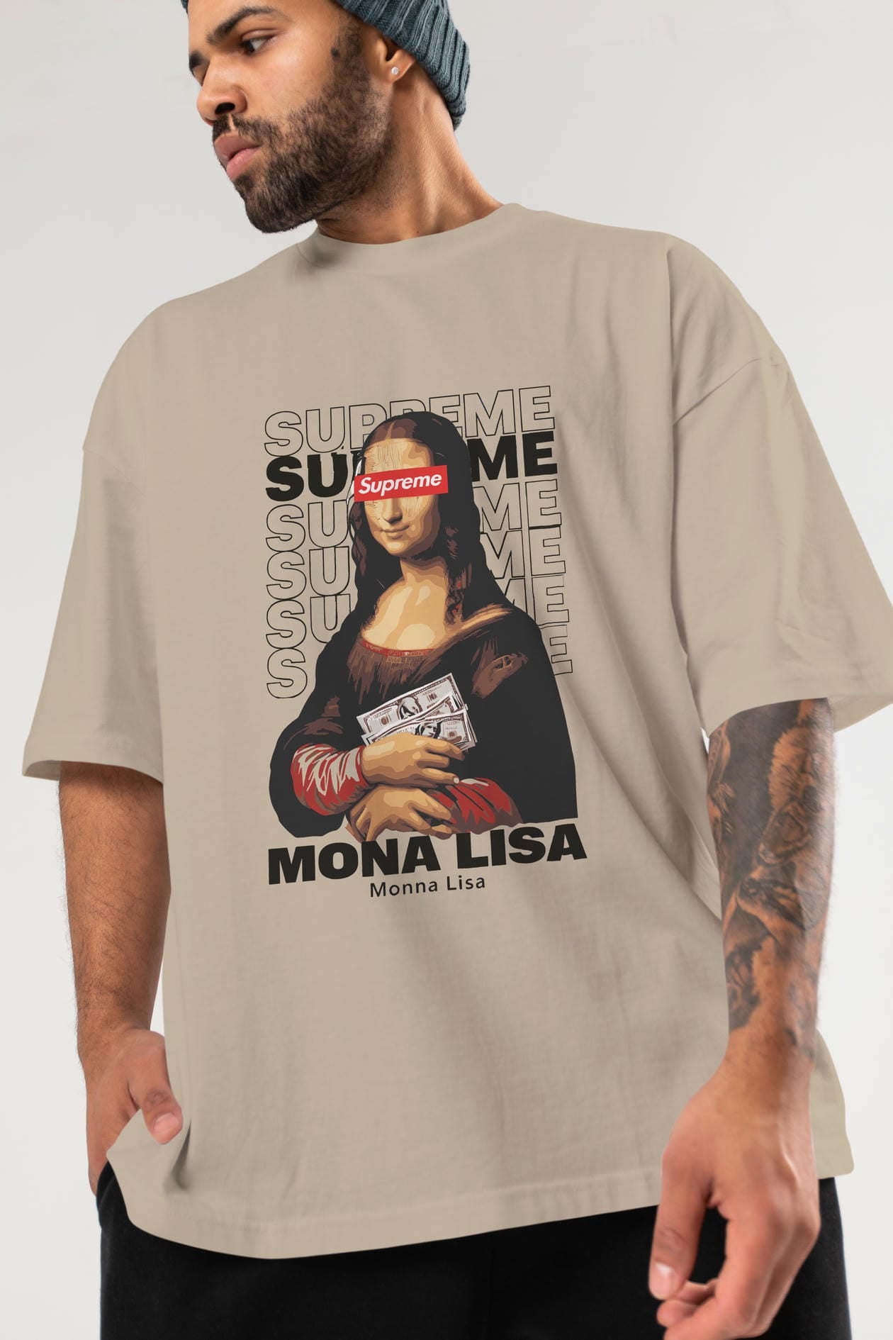 Mona Lisa Supreme ön Baskılı Oversize t-shirt Erkek Kadın %100 Pamuk Bisiklet Yaka tişort