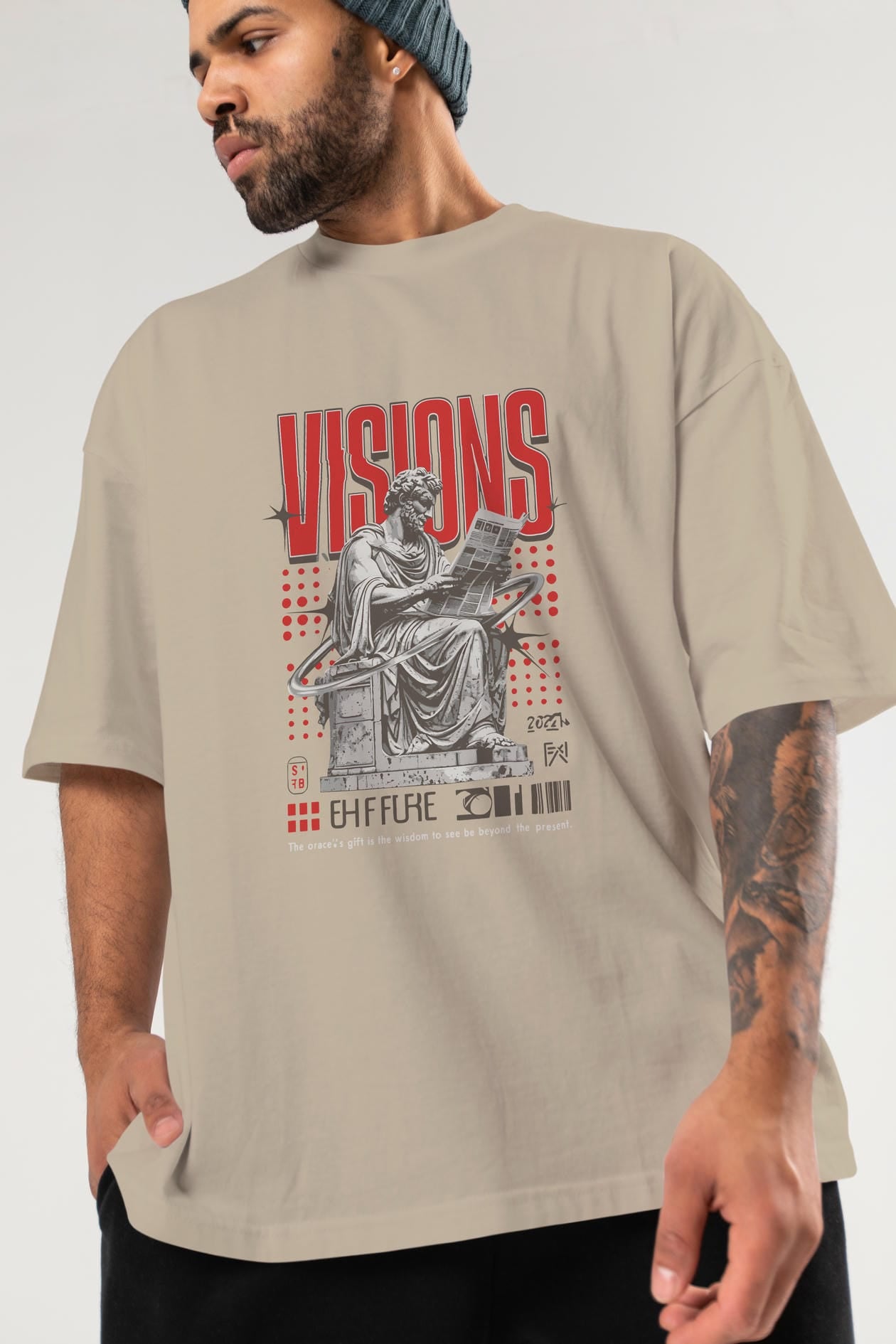 Visions ön Baskılı Oversize t-shirt Erkek Kadın %100 Pamuk Bisiklet Yaka tişort