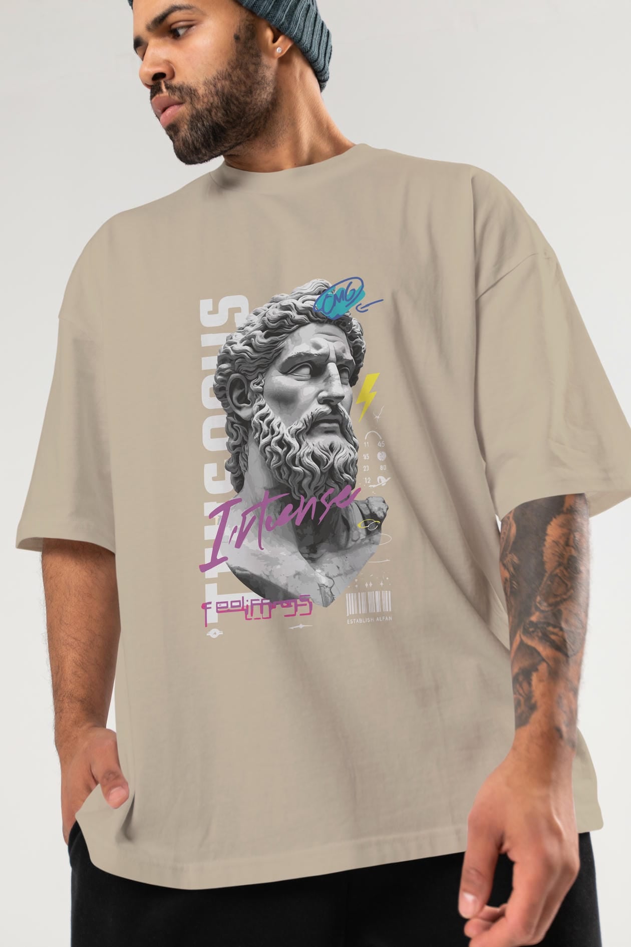 Zeus Intense ön Baskılı Oversize t-shirt Erkek Kadın %100 Pamuk Bisiklet Yaka tişort