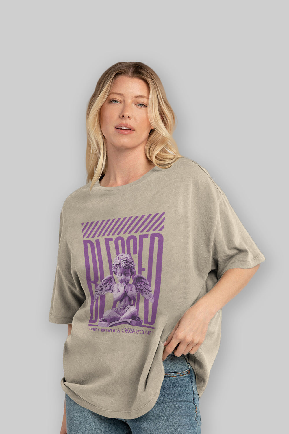 Blessed ön Baskılı Oversize t-shirt Erkek Kadın %100 Pamuk Bisiklet Yaka tişort