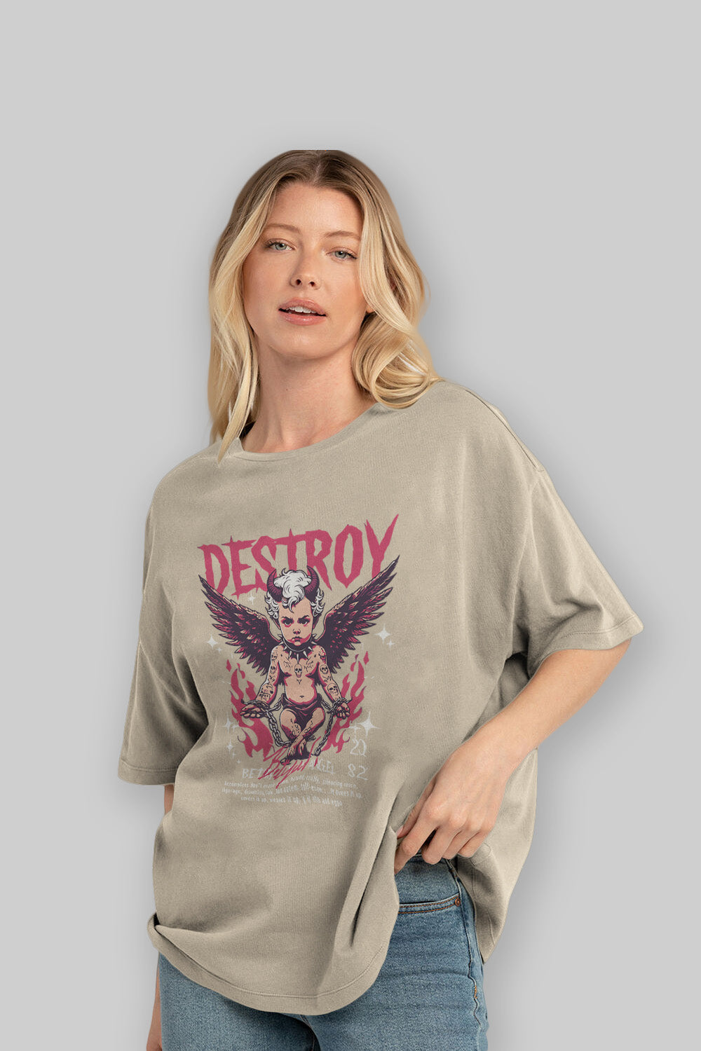 Destroy ön Baskılı Oversize t-shirt Erkek Kadın %100 Pamuk Bisiklet Yaka tişort