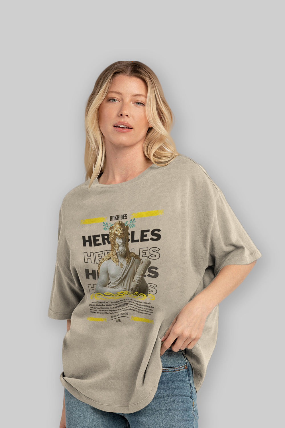 Heracles 1 ön Baskılı Oversize t-shirt Erkek Kadın %100 Pamuk Bisiklet Yaka tişort