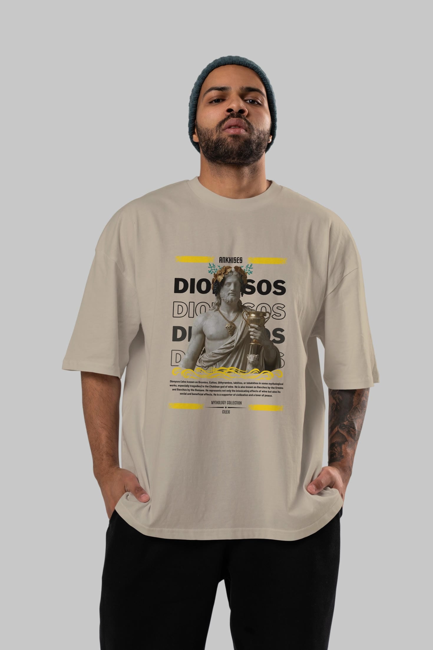 Dionysos 2 ön Baskılı Oversize t-shirt Erkek Kadın %100 Pamuk Bisiklet Yaka tişort