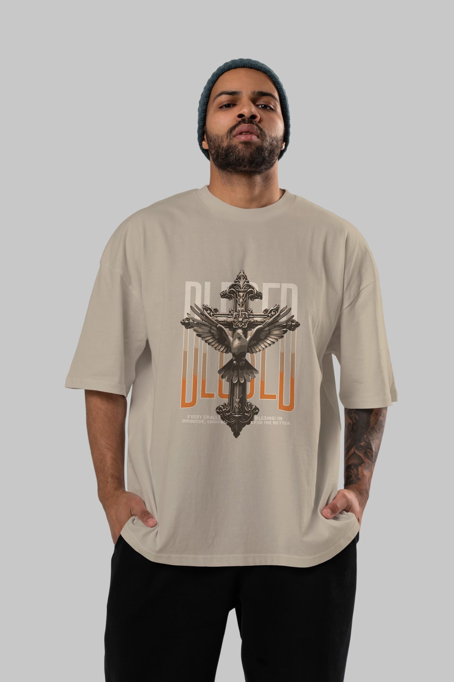 Blesed ön Baskılı Oversize t-shirt Erkek Kadın %100 Pamuk Bisiklet Yaka tişort