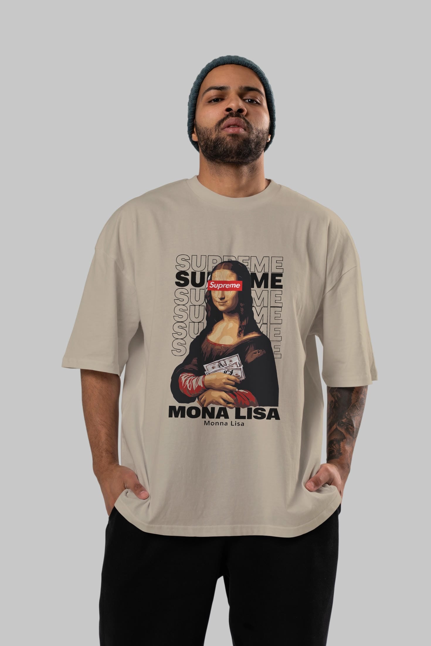 Mona Lisa Supreme ön Baskılı Oversize t-shirt Erkek Kadın %100 Pamuk Bisiklet Yaka tişort