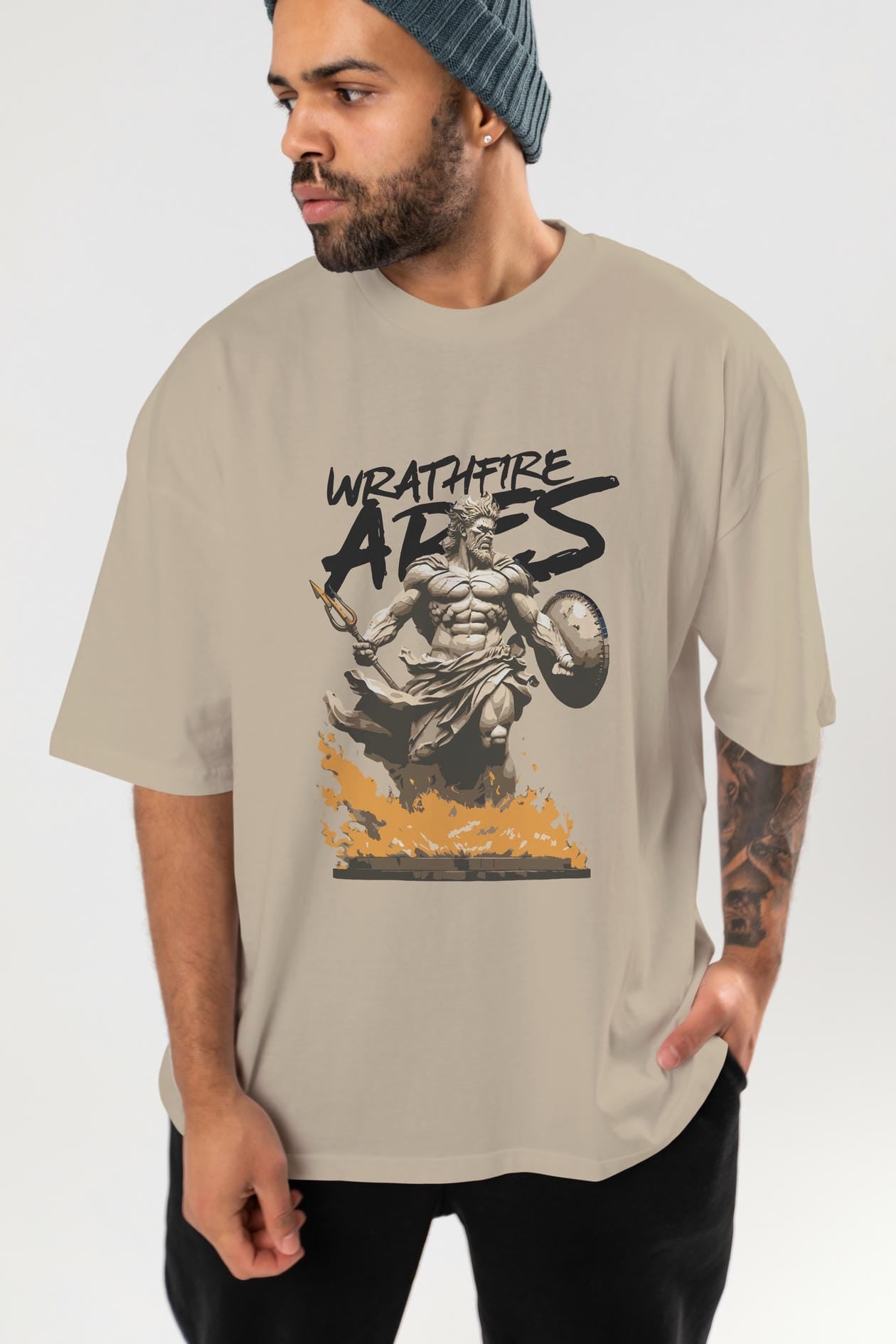 WrathFire Ares ön Baskılı Oversize t-shirt Erkek Kadın %100 Pamuk Bisiklet Yaka tişort
