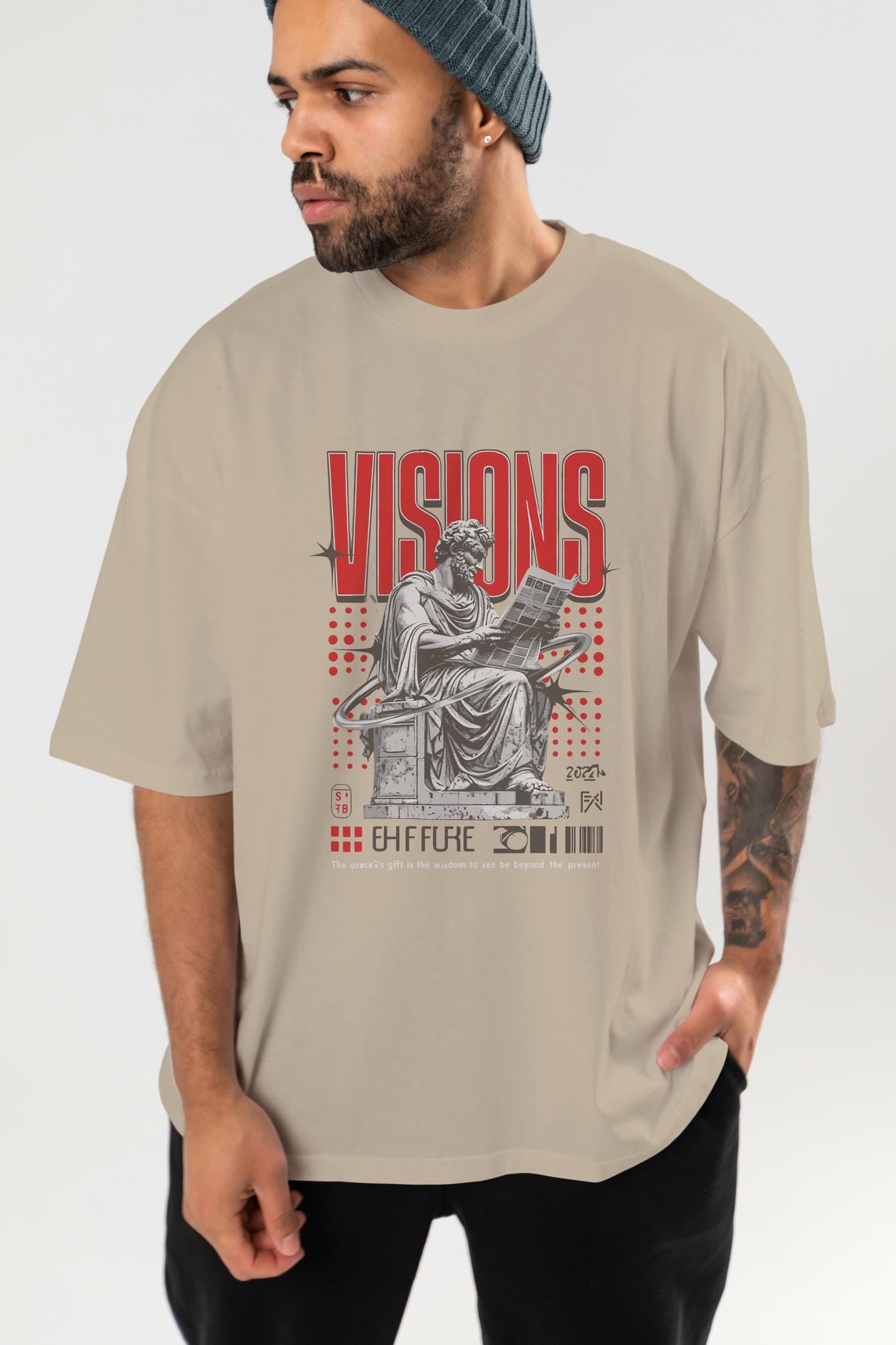 Visions ön Baskılı Oversize t-shirt Erkek Kadın %100 Pamuk Bisiklet Yaka tişort