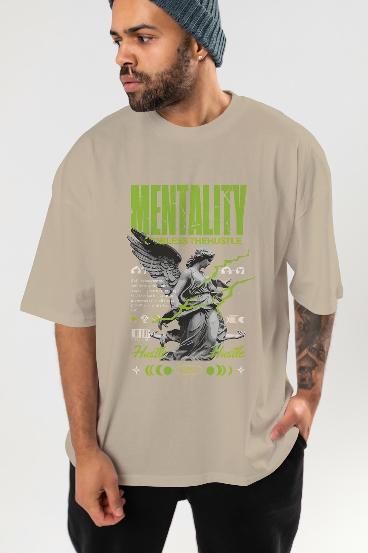 Mentality ön Baskılı Oversize t-shirt Erkek Kadın %100 Pamuk Bisiklet Yaka tişort