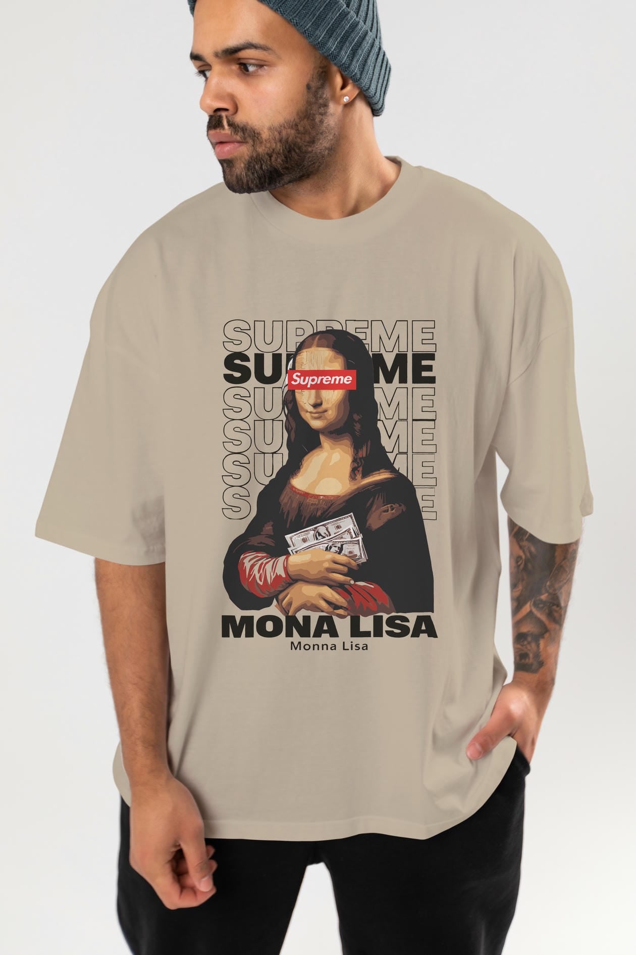 Mona Lisa Supreme ön Baskılı Oversize t-shirt Erkek Kadın %100 Pamuk Bisiklet Yaka tişort