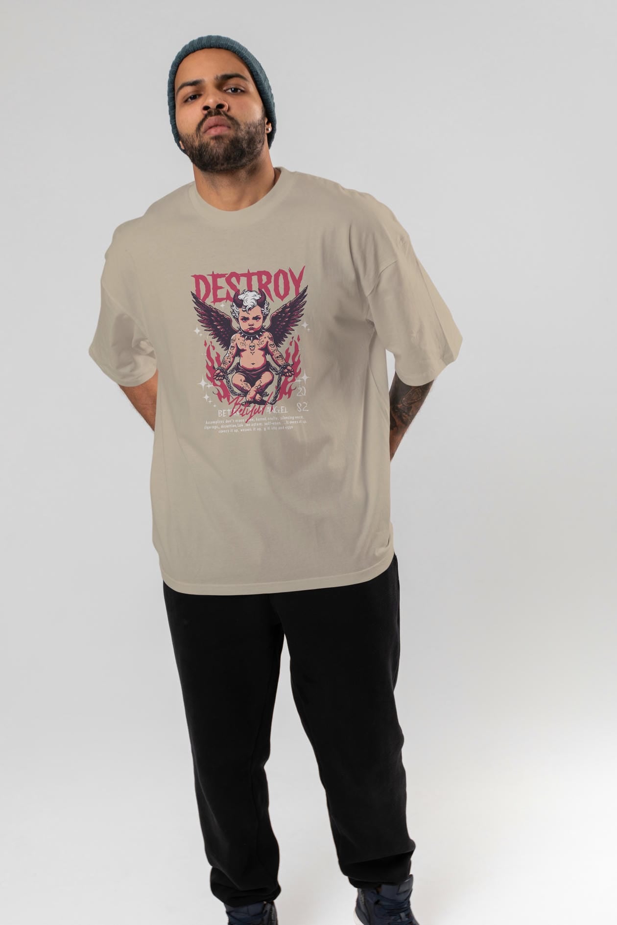 Destroy ön Baskılı Oversize t-shirt Erkek Kadın %100 Pamuk Bisiklet Yaka tişort
