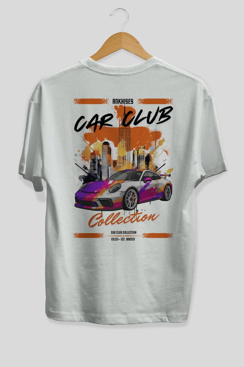 Araba Club Serisi 25 Baskılı Oversize t-shirt Erkek Kadın %100 Pamuk Bisiklet Yaka tişort