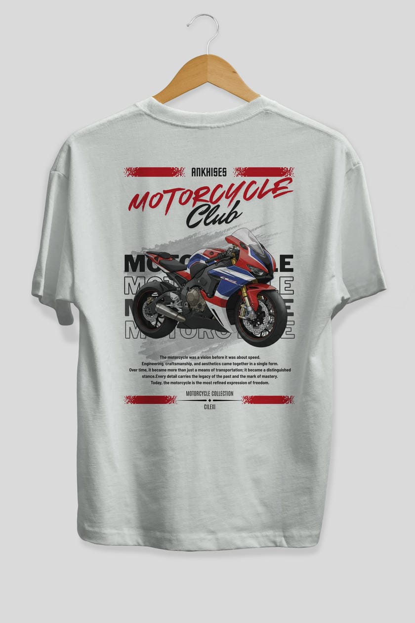 Motosiklet Serisi 3 Arka Baskılı Oversize t-shirt Erkek Kadın %100 Pamuk Bisiklet Yaka tişort