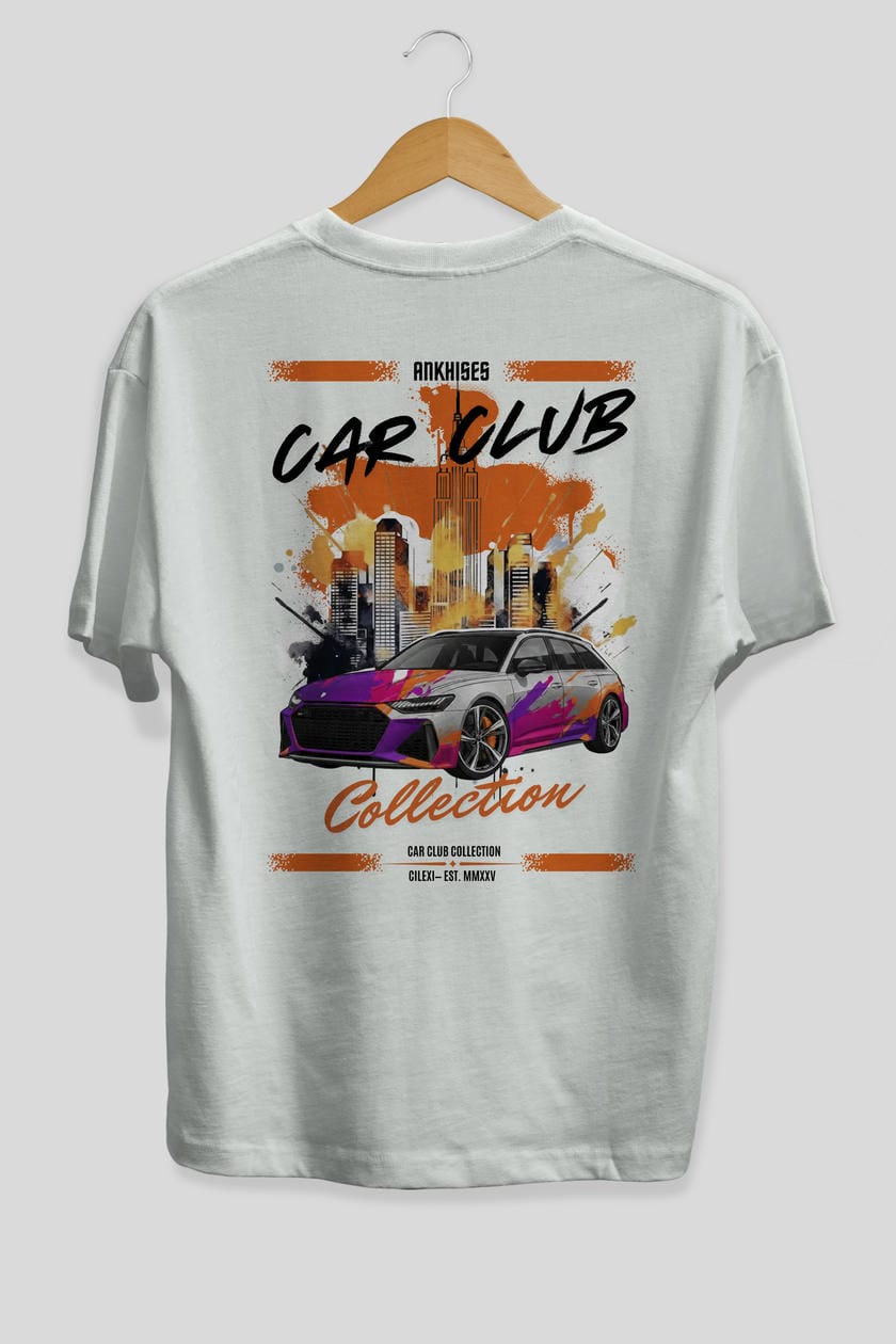 Araba Club Serisi 3 Baskılı Oversize t-shirt Erkek Kadın %100 Pamuk Bisiklet Yaka tişort