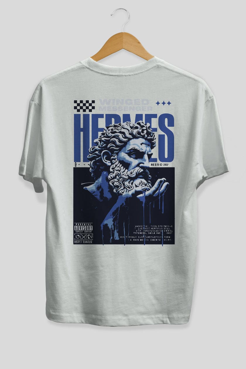 Hermes 2 Arka Baskılı Oversize t-shirt Erkek Kadın %100 Pamuk Bisiklet Yaka tişort
