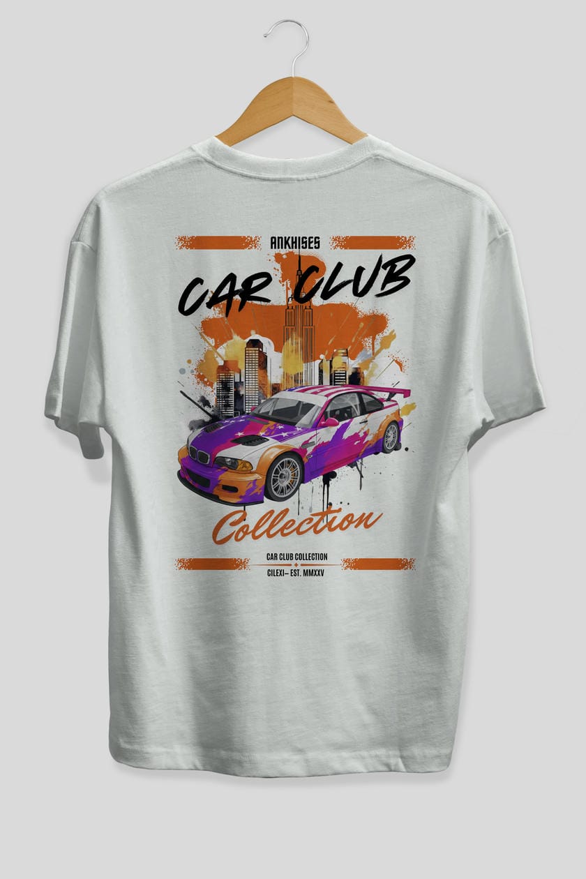 Araba Club Serisi 6 Baskılı Oversize t-shirt Erkek Kadın %100 Pamuk Bisiklet Yaka tişort