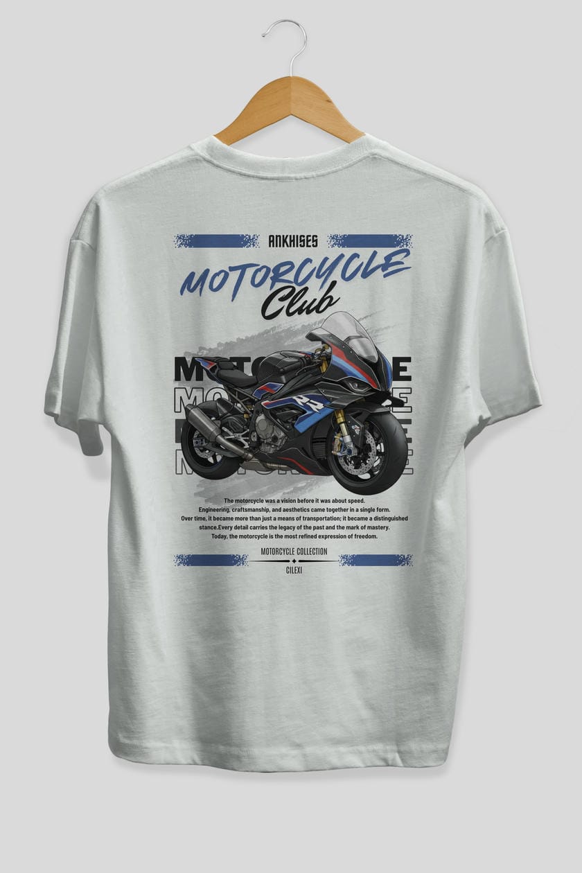 Motosiklet Serisi 1 Arka Baskılı Oversize t-shirt Erkek Kadın %100 Pamuk Bisiklet Yaka tişort