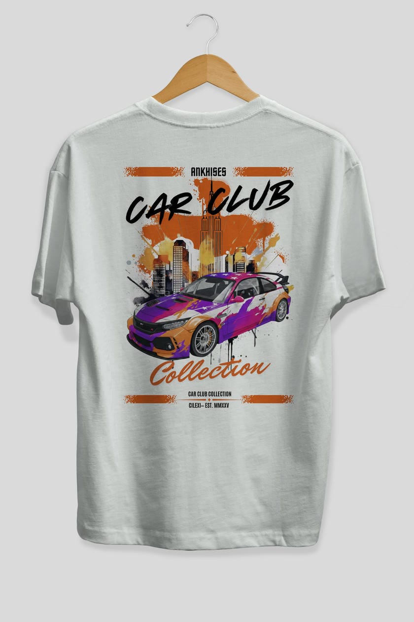 Araba Club Serisi 9 Baskılı Oversize t-shirt Erkek Kadın %100 Pamuk Bisiklet Yaka tişort