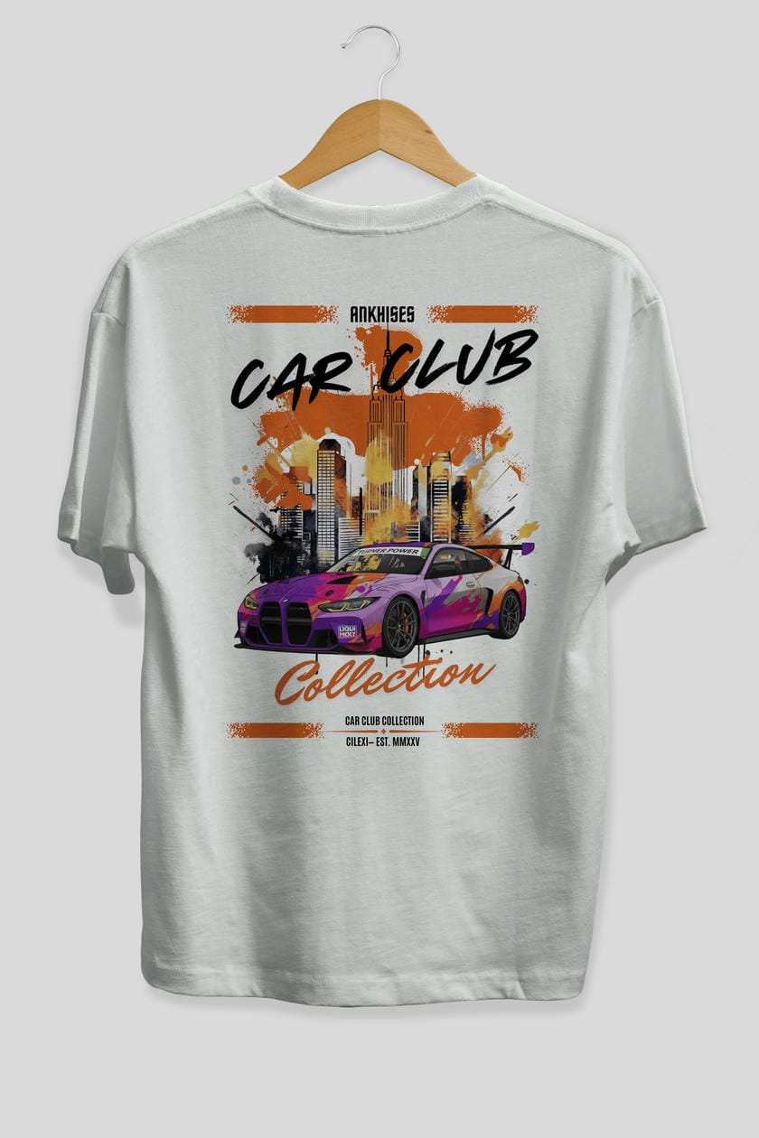 Araba Club Serisi 4 Baskılı Oversize t-shirt Erkek Kadın %100 Pamuk Bisiklet Yaka tişort