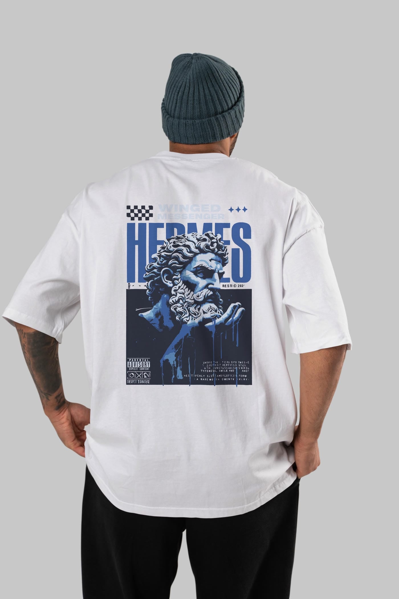 Hermes 2 Arka Baskılı Oversize t-shirt Erkek Kadın %100 Pamuk Bisiklet Yaka tişort
