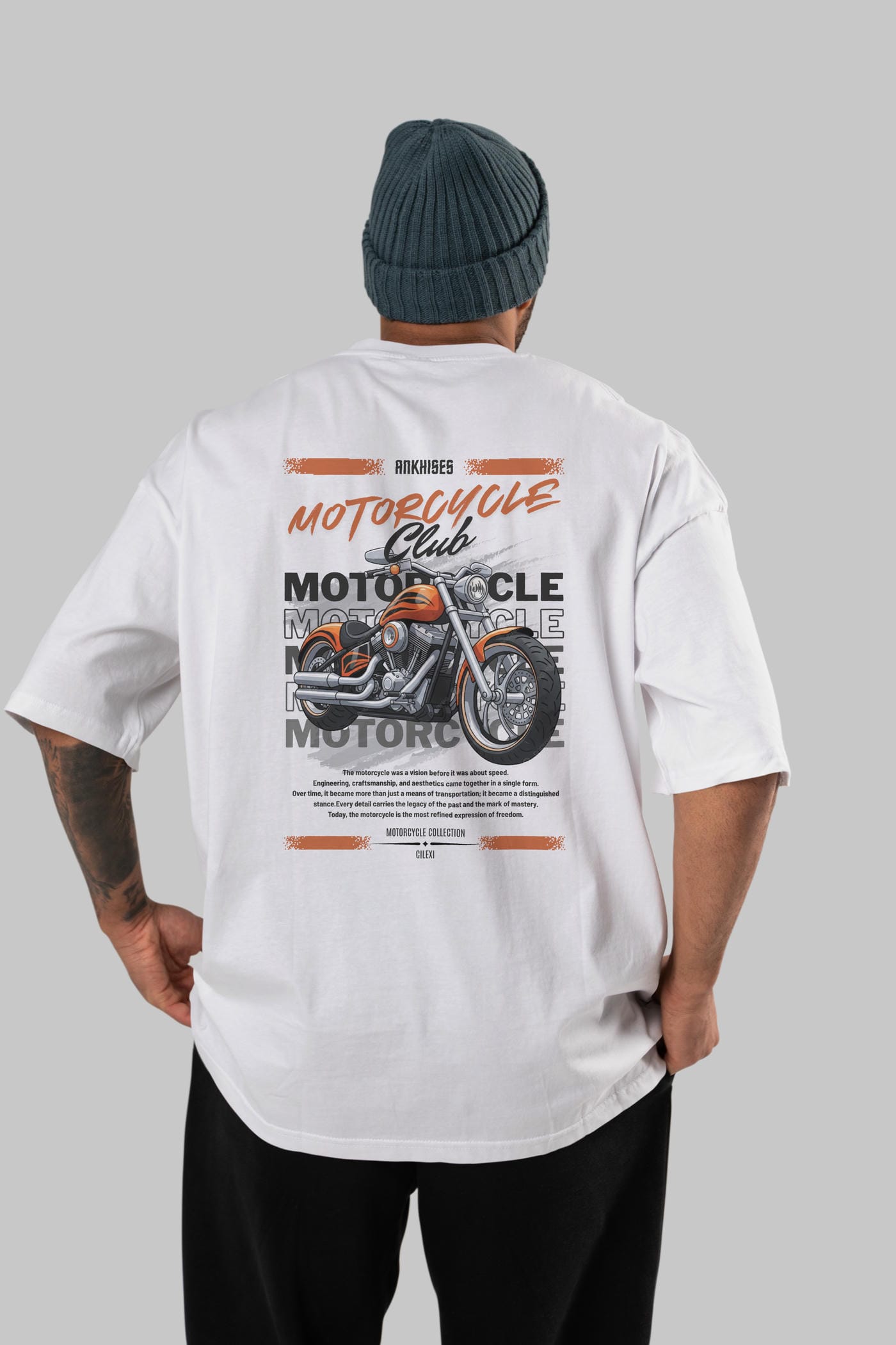 Motosiklet Serisi 34 Arka Baskılı Oversize t-shirt Erkek Kadın %100 Pamuk Bisiklet Yaka tişort