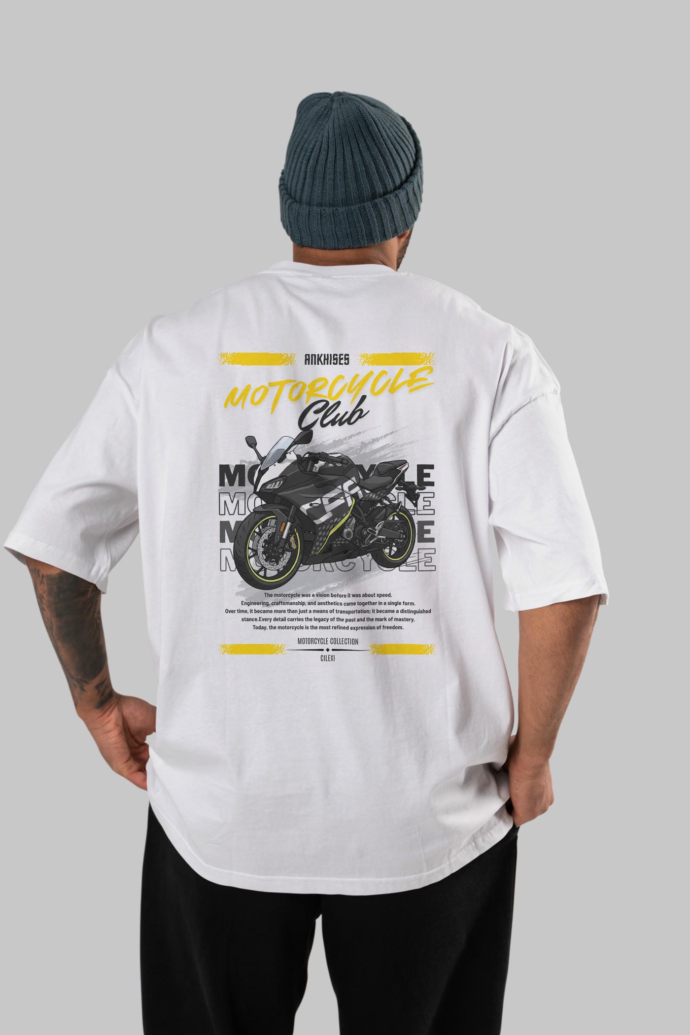 Motosiklet Serisi 16 Arka Baskılı Oversize t-shirt Erkek Kadın %100 Pamuk Bisiklet Yaka tişort
