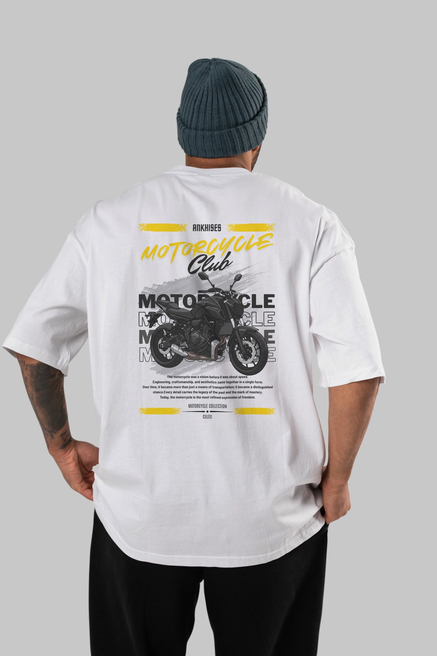 Motosiklet Serisi 20 Arka Baskılı Oversize t-shirt Erkek Kadın %100 Pamuk Bisiklet Yaka tişort