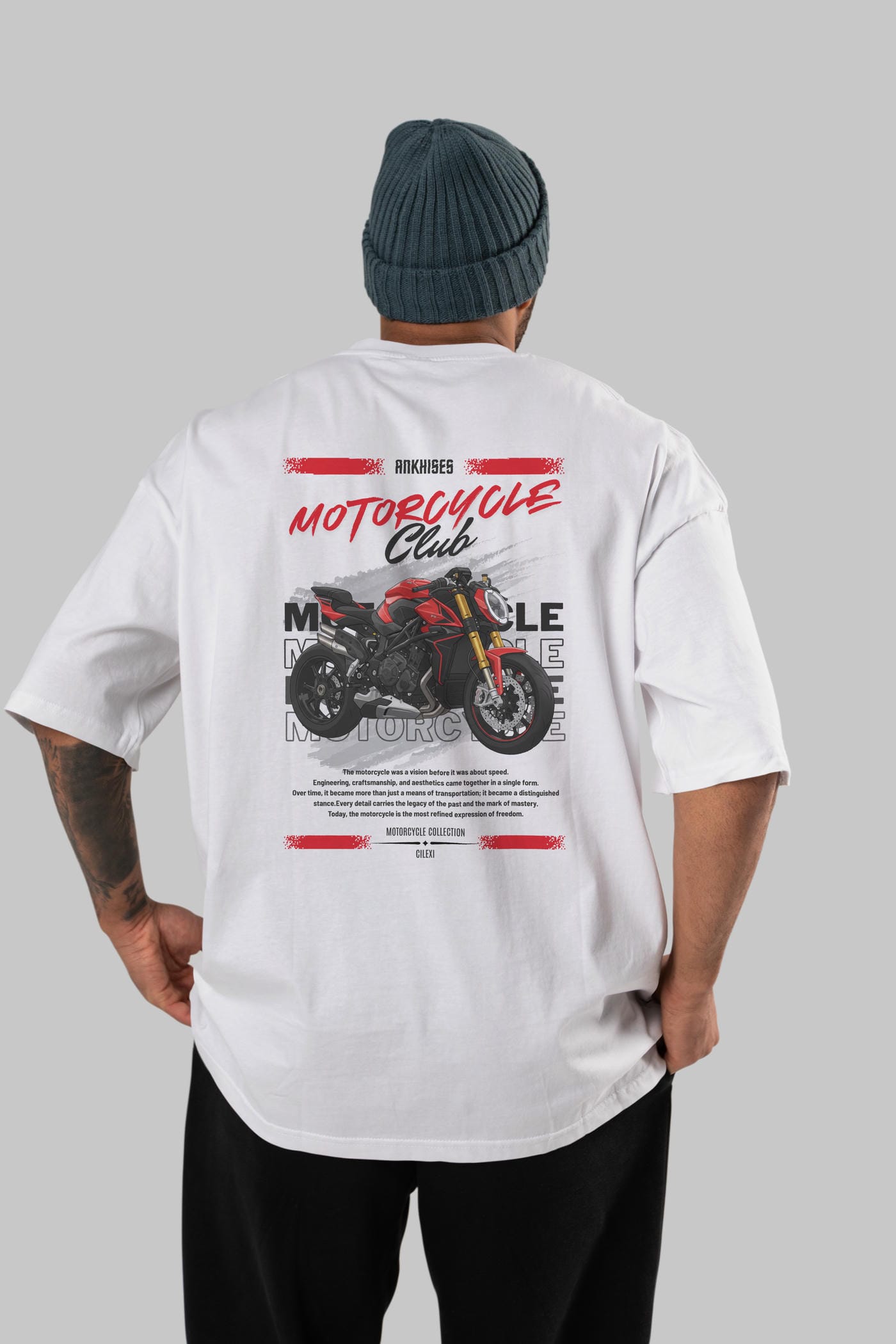 Motosiklet Serisi 26 Arka Baskılı Oversize t-shirt Erkek Kadın %100 Pamuk Bisiklet Yaka tişort