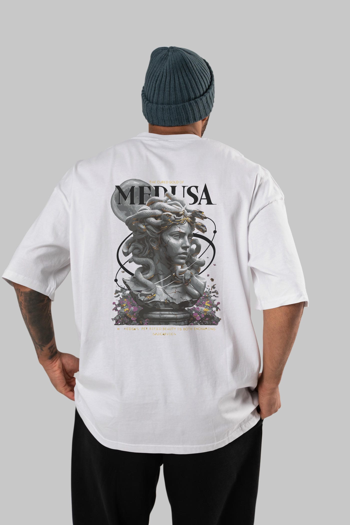 Medusa Arka Baskılı Oversize t-shirt Erkek Kadın %100 Pamuk Bisiklet Yaka tişort