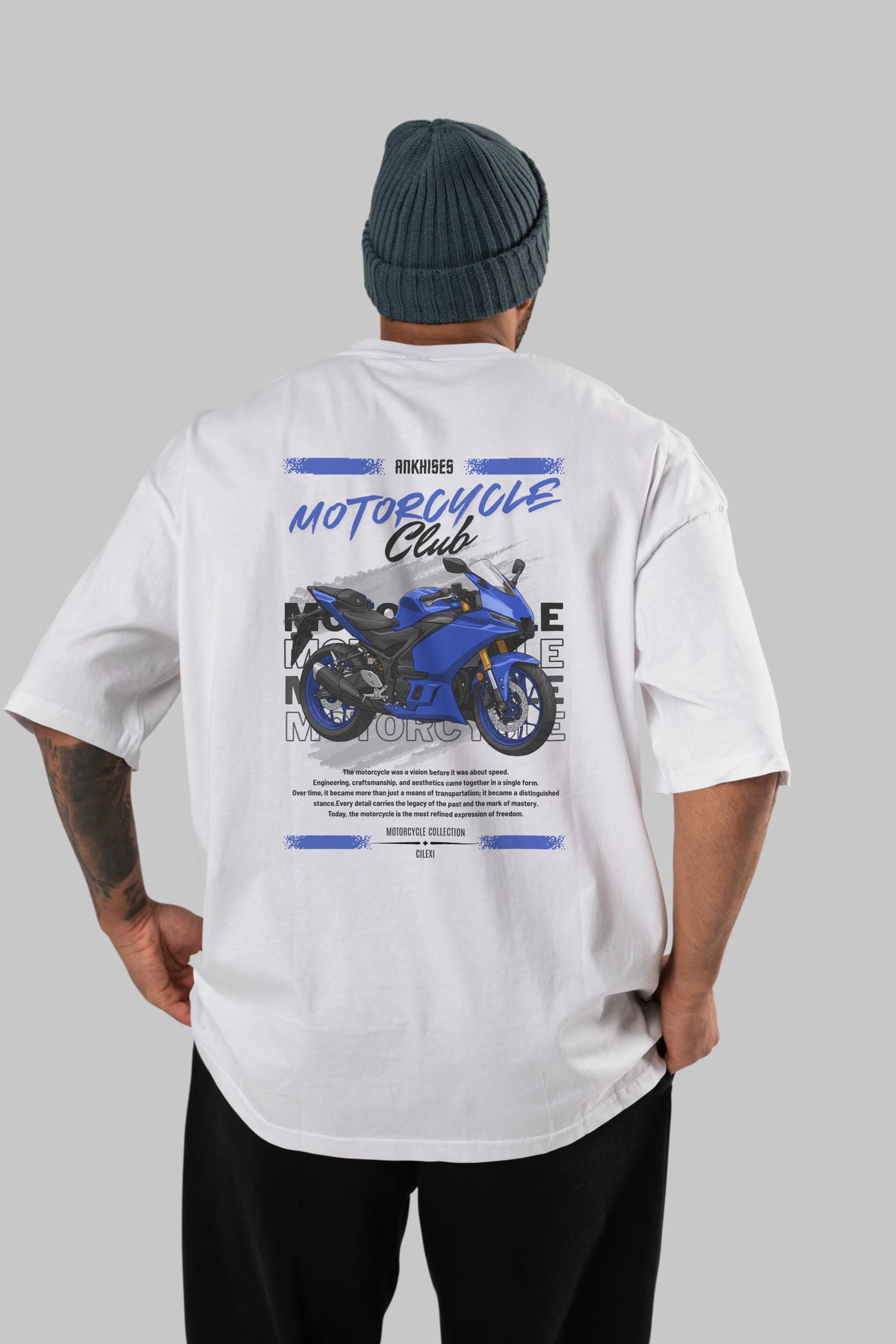 Motosiklet Serisi 33 Arka Baskılı Oversize t-shirt Erkek Kadın %100 Pamuk Bisiklet Yaka tişort