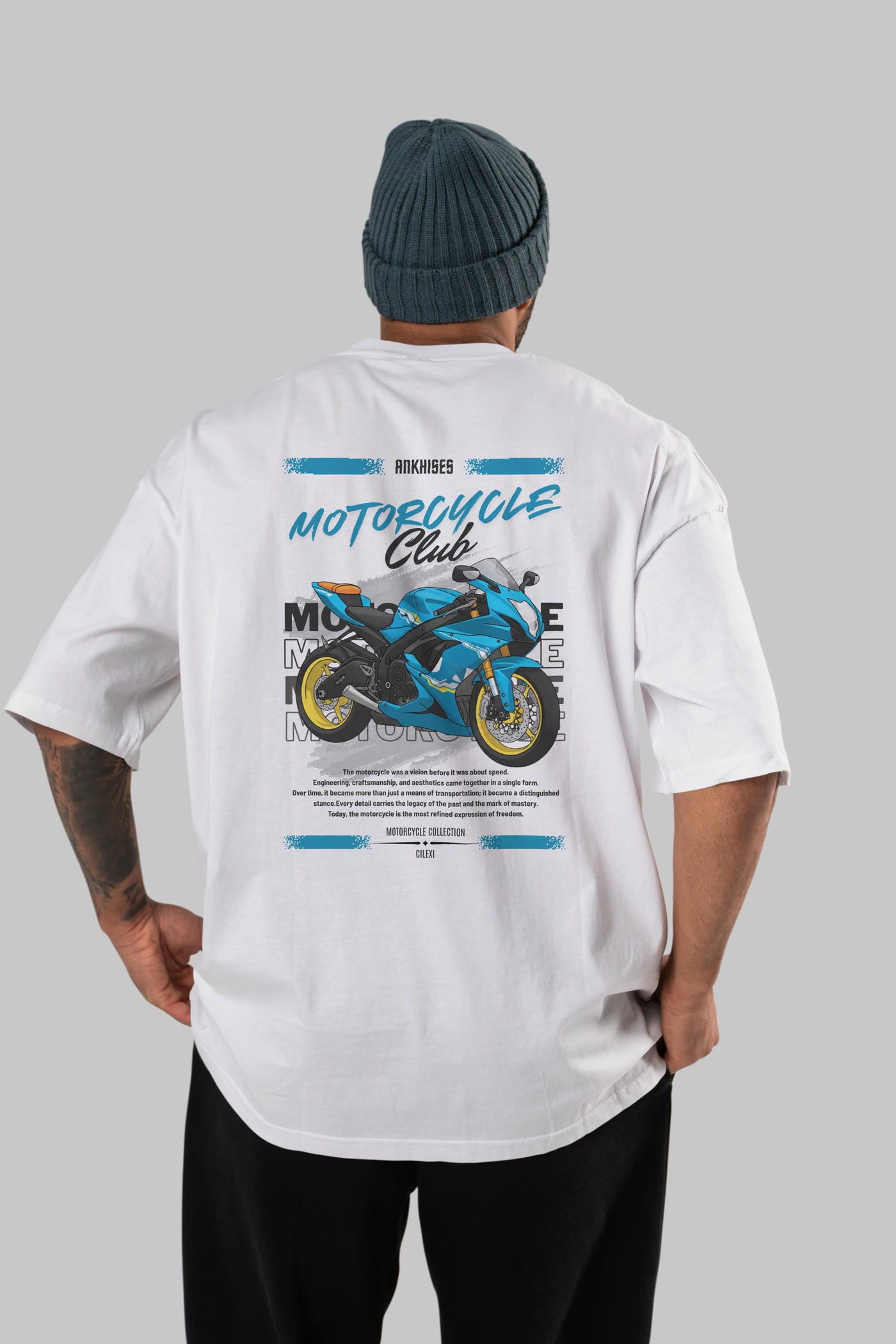 Motosiklet Serisi 11 Arka Baskılı Oversize t-shirt Erkek Kadın %100 Pamuk Bisiklet Yaka tişort