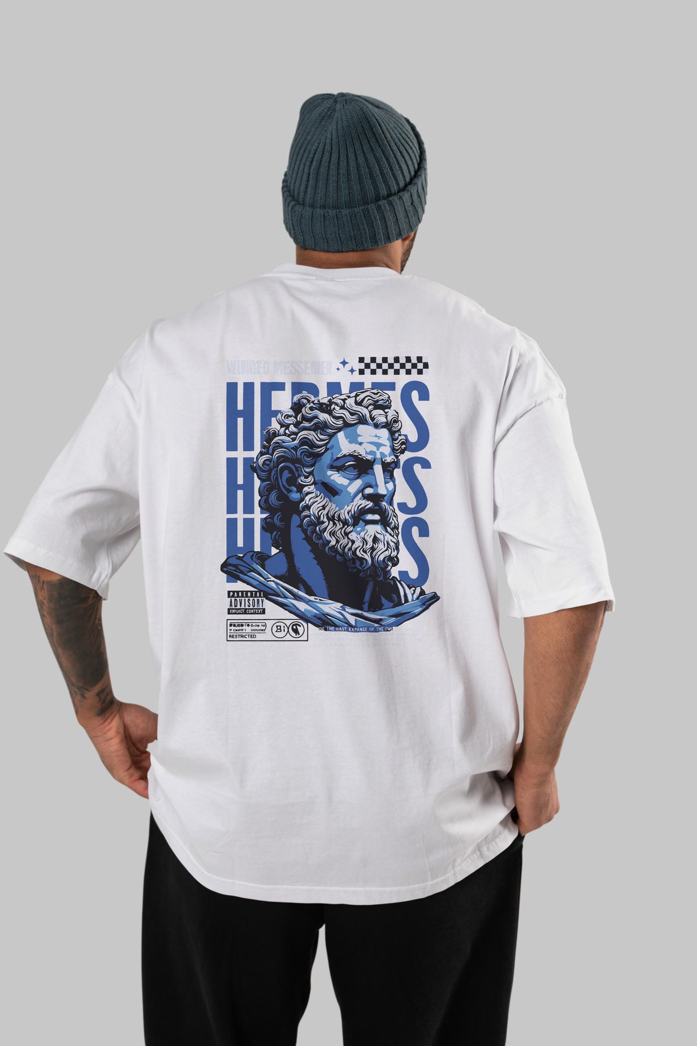 Hermes 1 Arka Baskılı Oversize t-shirt Erkek Kadın %100 Pamuk Bisiklet Yaka tişort