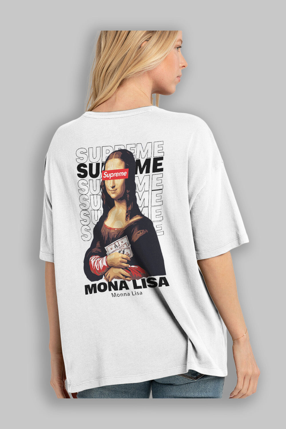 Mona Lisa Supreme Arka Baskılı Oversize t-shirt Erkek Kadın %100 Pamuk Bisiklet Yaka tişort