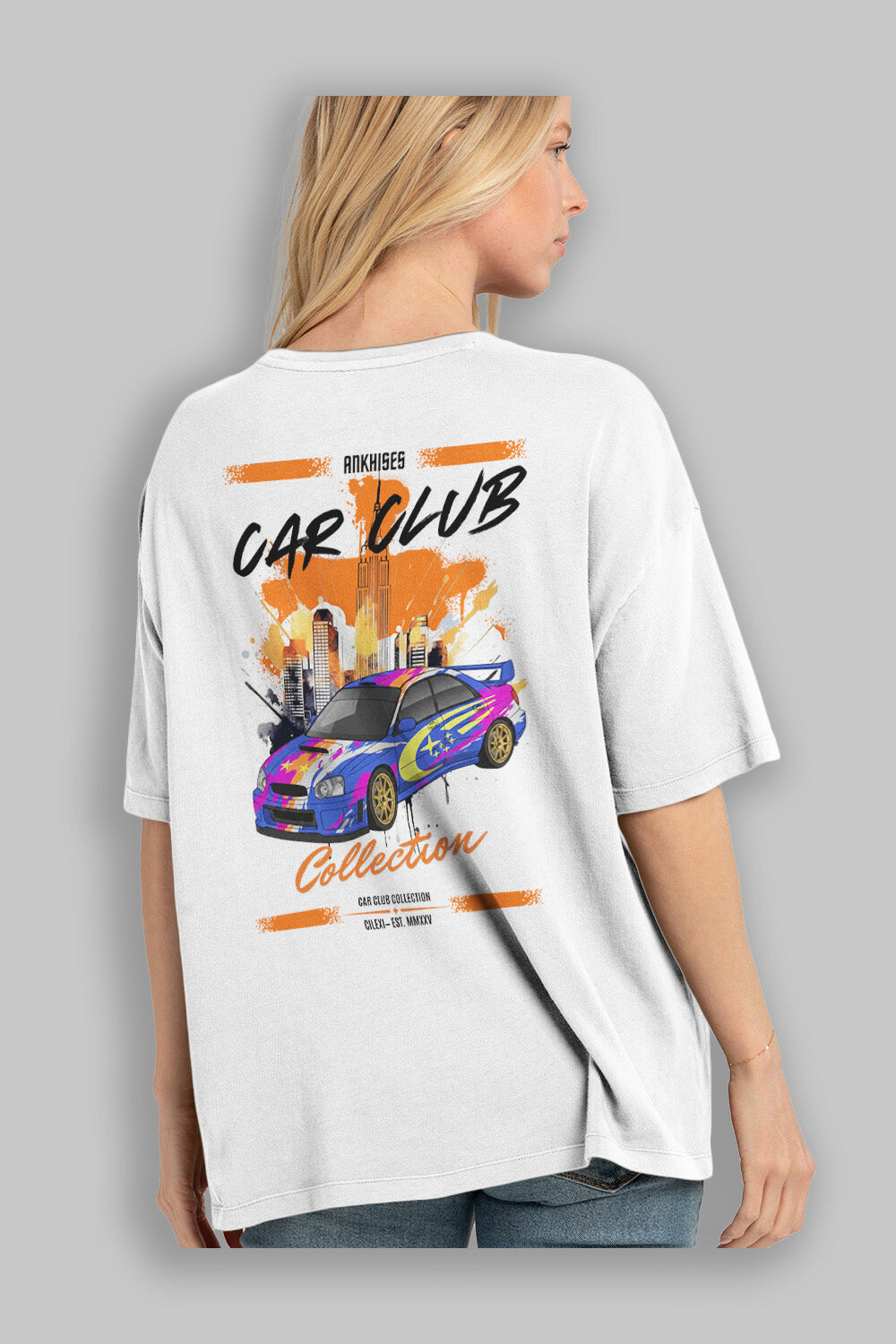 Araba Club Serisi 7 Baskılı Oversize t-shirt Erkek Kadın %100 Pamuk Bisiklet Yaka tişort