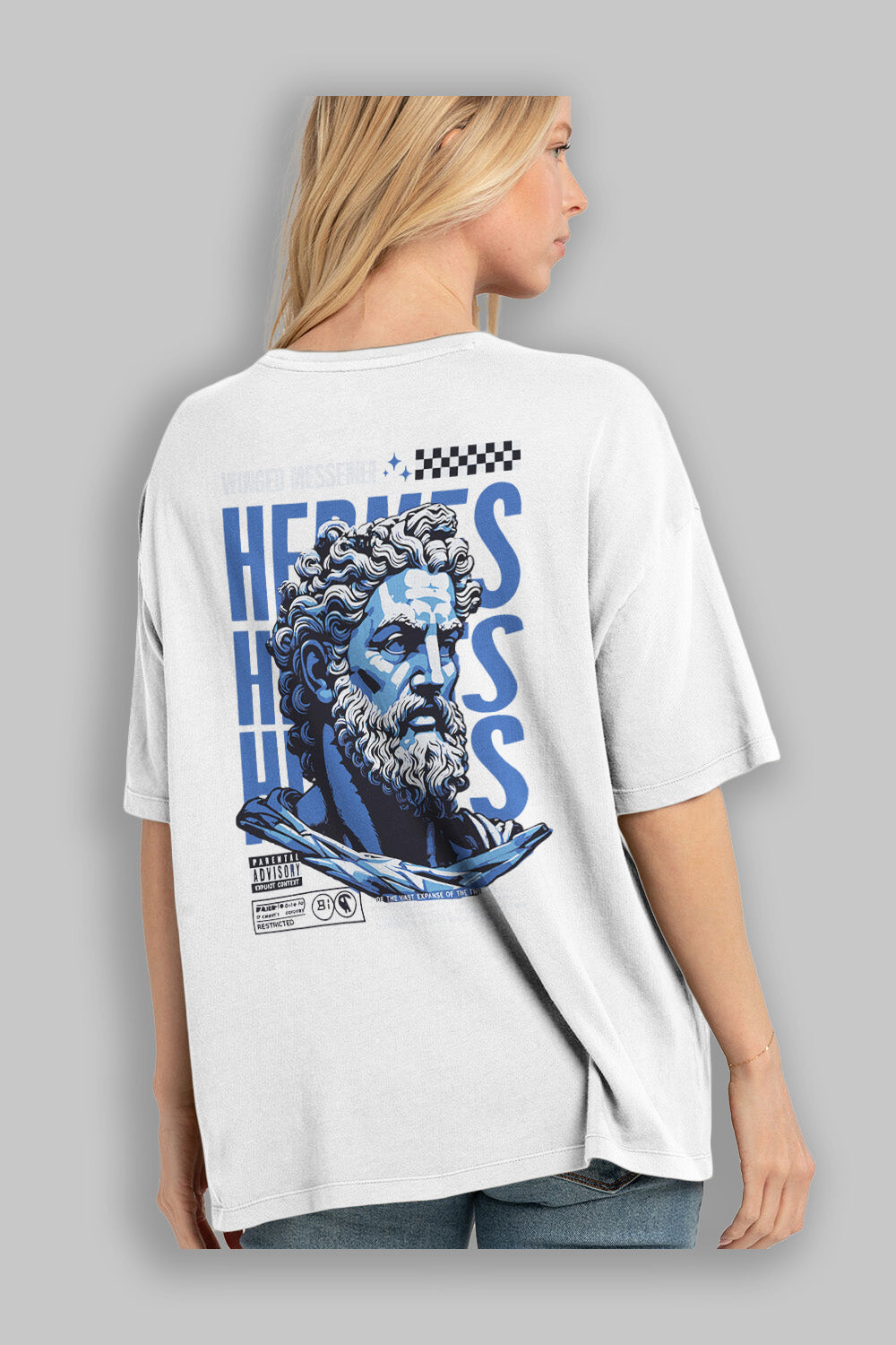 Hermes 1 Arka Baskılı Oversize t-shirt Erkek Kadın %100 Pamuk Bisiklet Yaka tişort