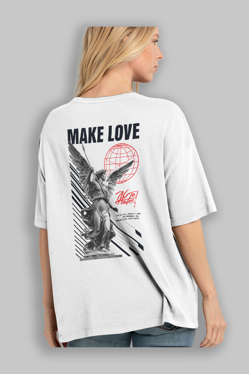 Make Love Arka Baskılı Oversize t-shirt Erkek Kadın %100 Pamuk Bisiklet Yaka tişort