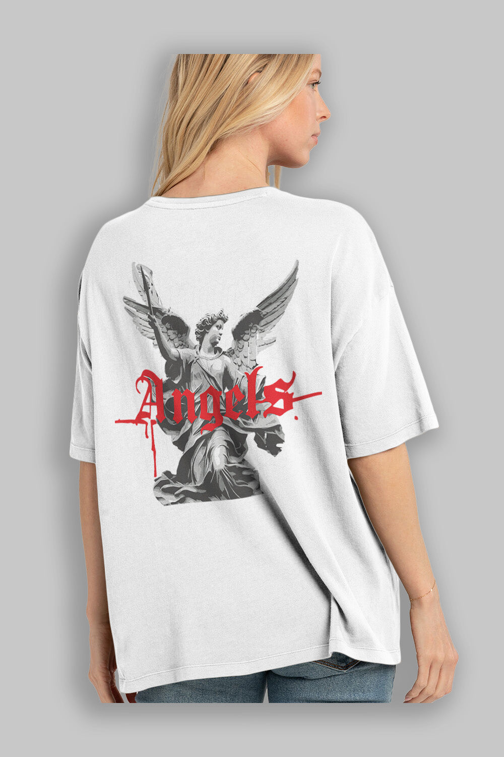 Angels Arka Baskılı Oversize t-shirt Erkek Kadın %100 Pamuk Bisiklet Yaka tişort