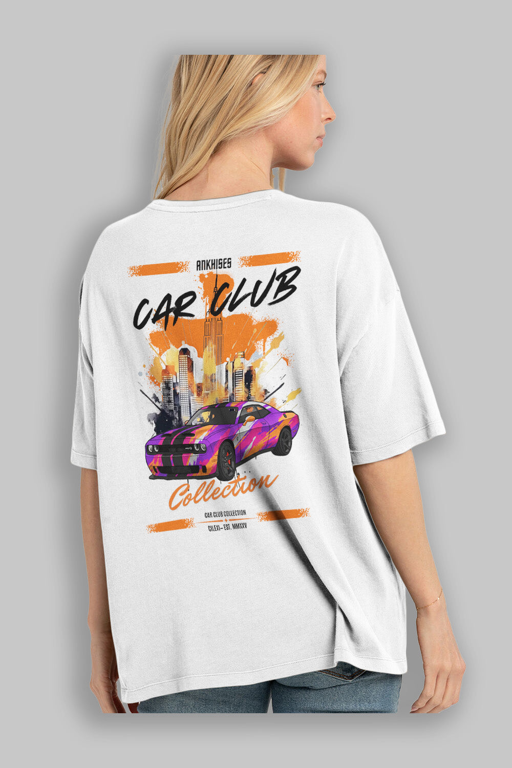 Araba Club Serisi 22 Baskılı Oversize t-shirt Erkek Kadın %100 Pamuk Bisiklet Yaka tişort
