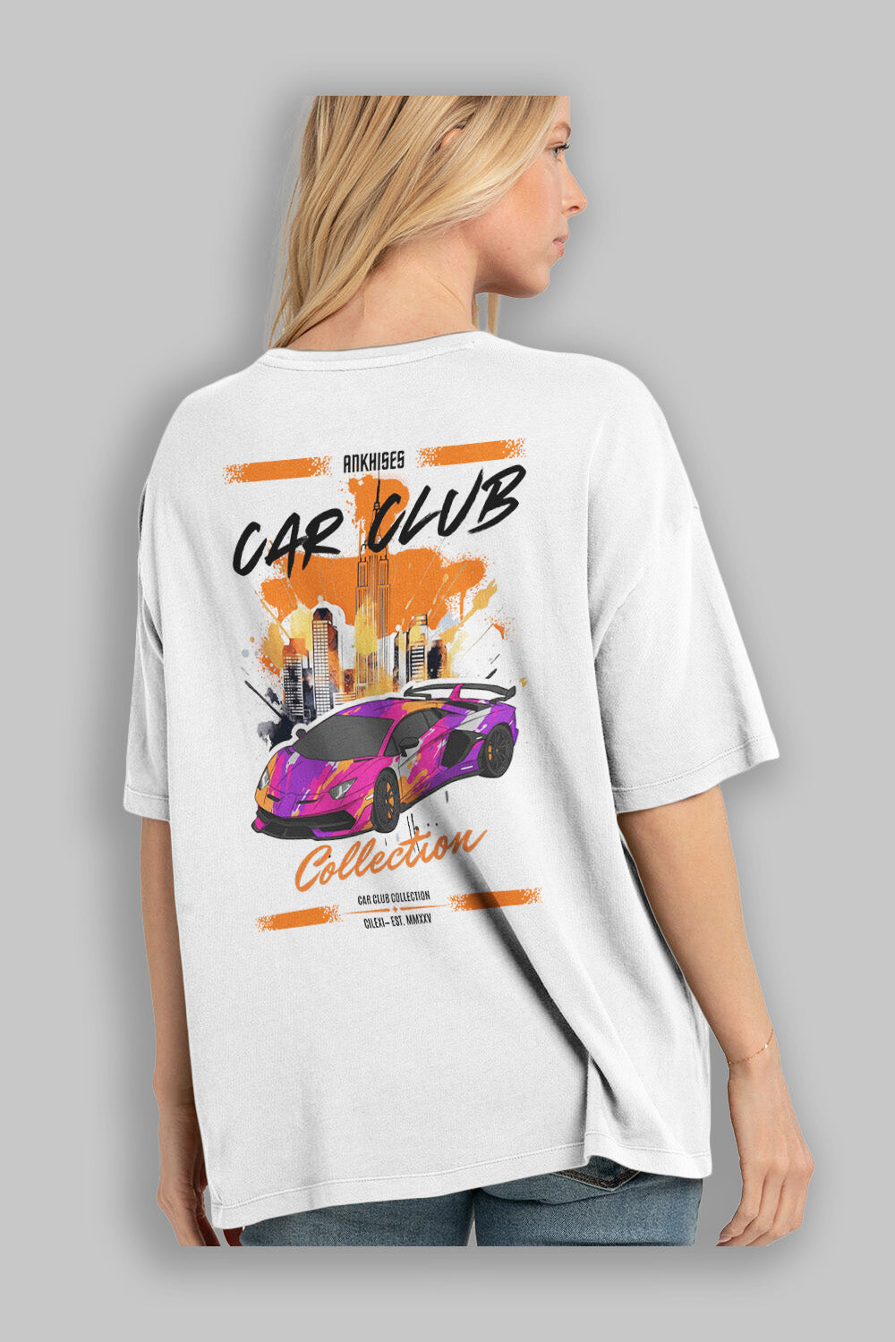 Araba Club Serisi 28 Baskılı Oversize t-shirt Erkek Kadın %100 Pamuk Bisiklet Yaka tişort