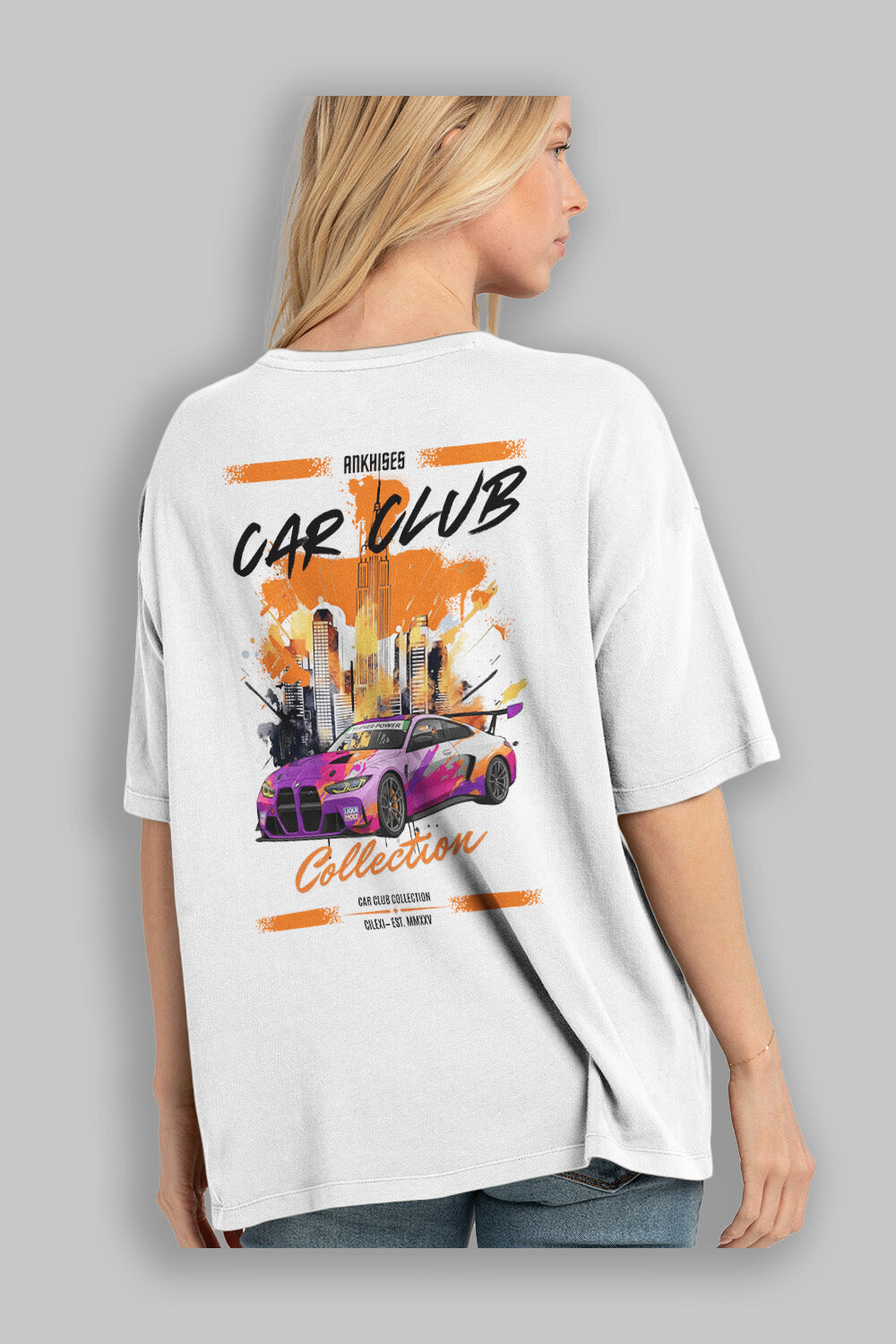Araba Club Serisi 4 Baskılı Oversize t-shirt Erkek Kadın %100 Pamuk Bisiklet Yaka tişort