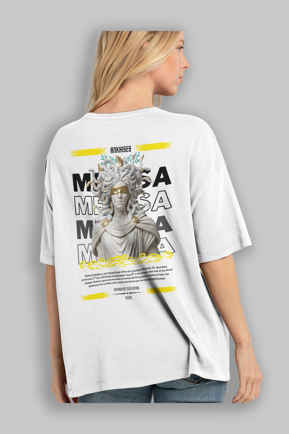 Medusa 2 Arka Baskılı Oversize t-shirt Erkek Kadın %100 Pamuk Bisiklet Yaka tişort