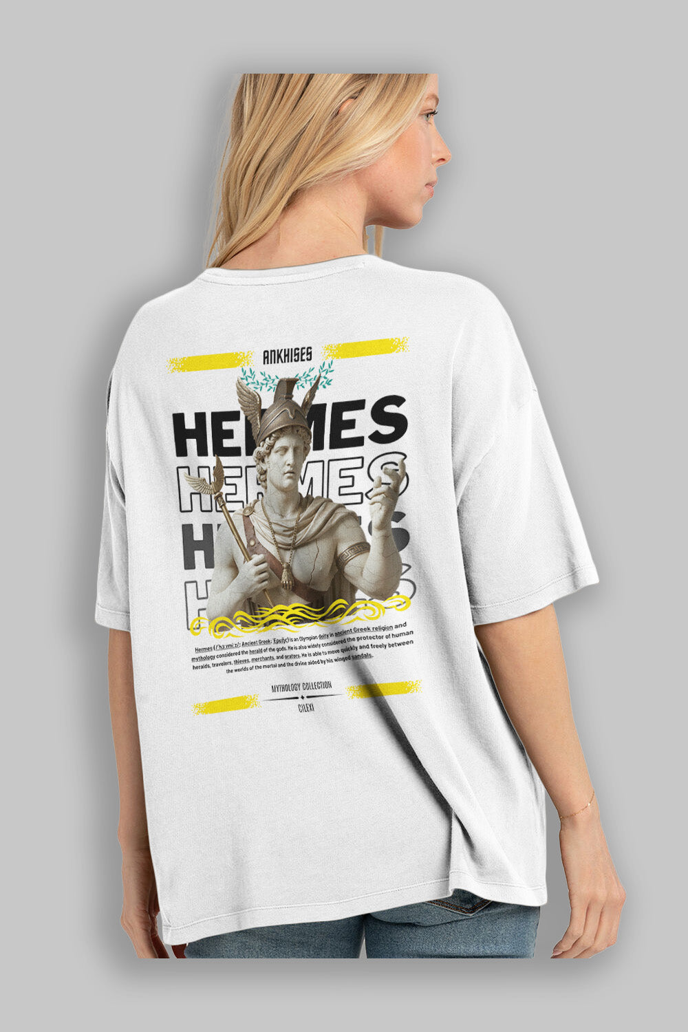 Hermes 1 Arka Baskılı Oversize t-shirt Erkek Kadın %100 Pamuk Bisiklet Yaka tişort