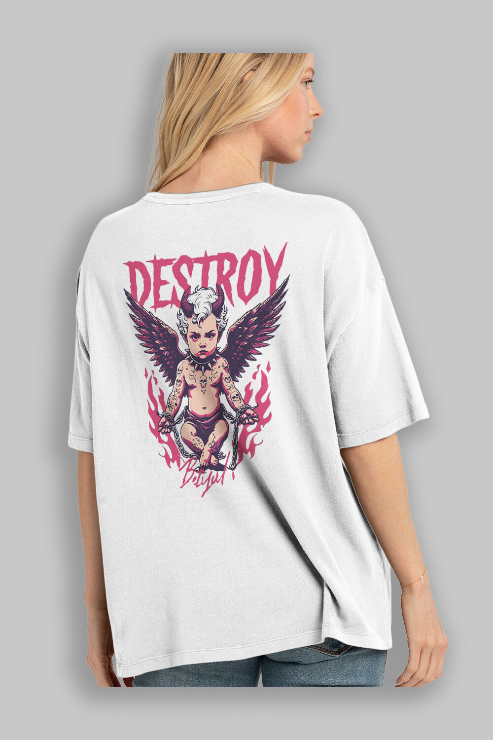 Destroy Arka Baskılı Oversize t-shirt Erkek Kadın %100 Pamuk Bisiklet Yaka tişort
