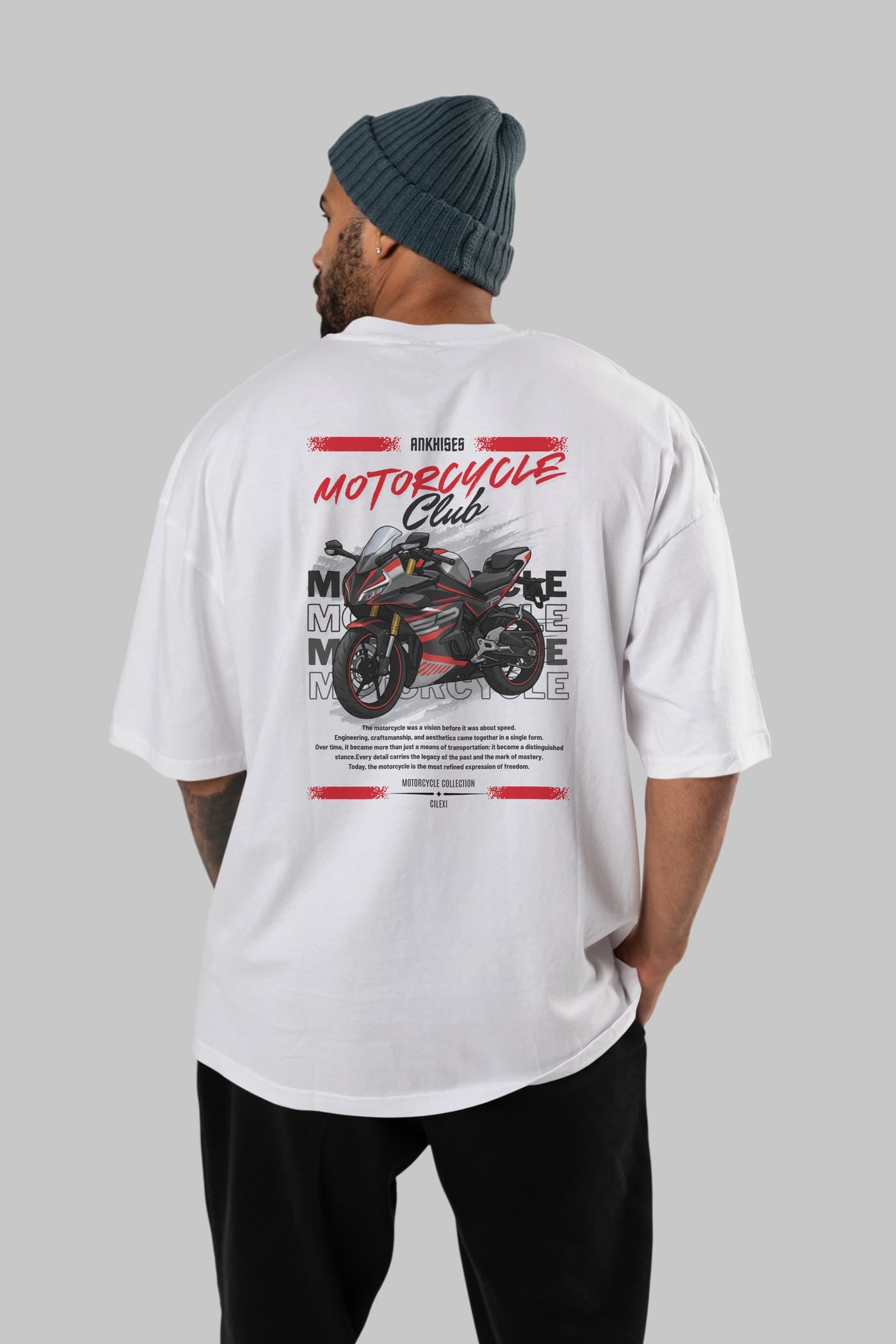 Motosiklet Serisi 17 Arka Baskılı Oversize t-shirt Erkek Kadın %100 Pamuk Bisiklet Yaka tişort