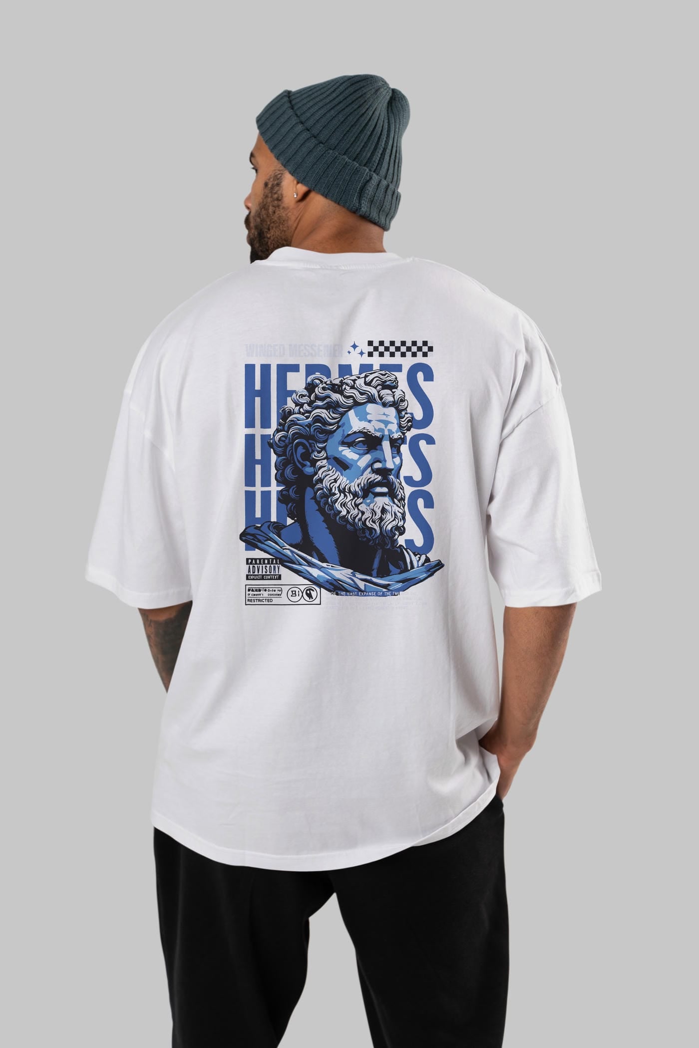 Hermes 1 Arka Baskılı Oversize t-shirt Erkek Kadın %100 Pamuk Bisiklet Yaka tişort
