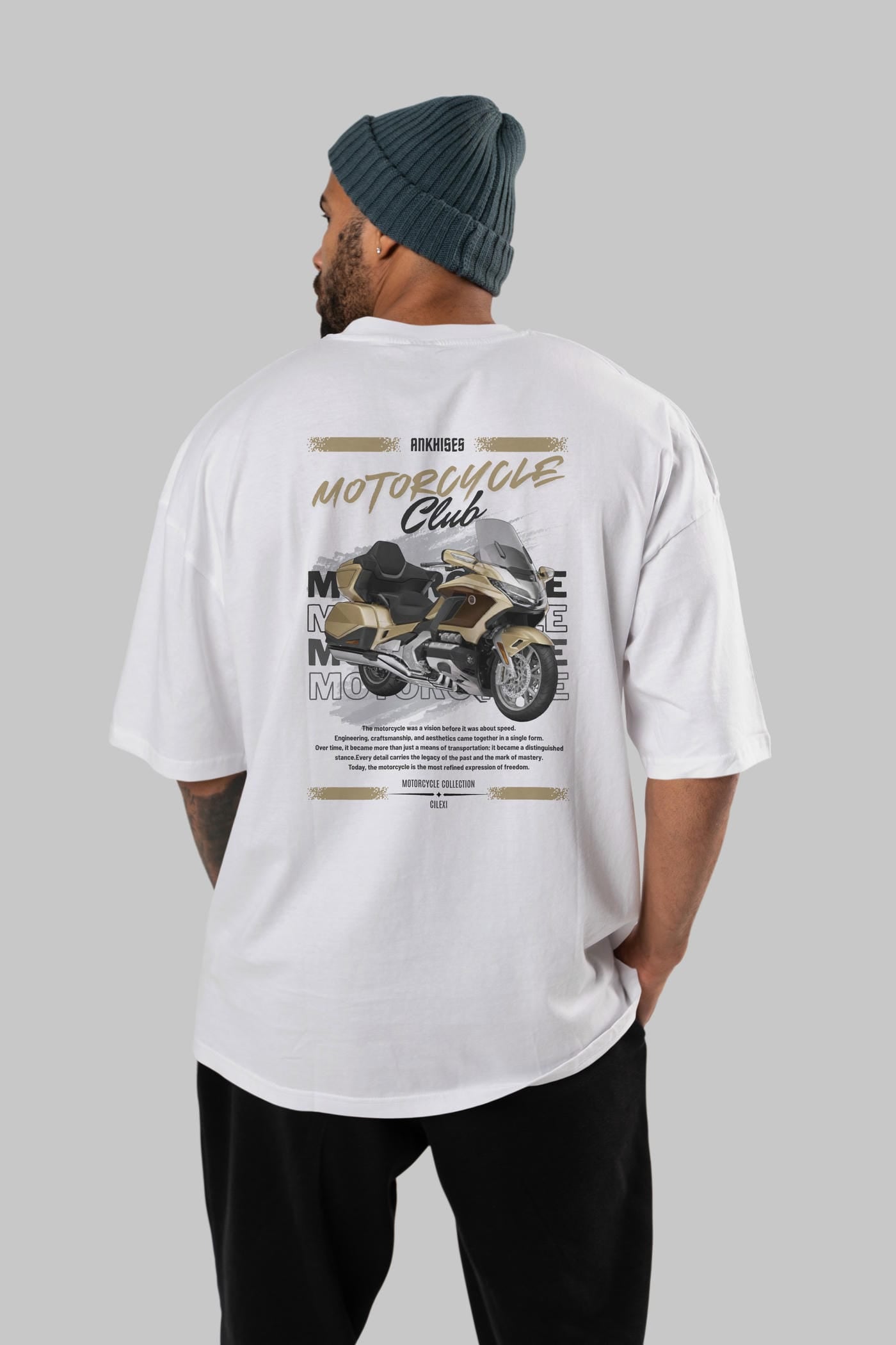 Motosiklet Serisi 28 Arka Baskılı Oversize t-shirt Erkek Kadın %100 Pamuk Bisiklet Yaka tişort