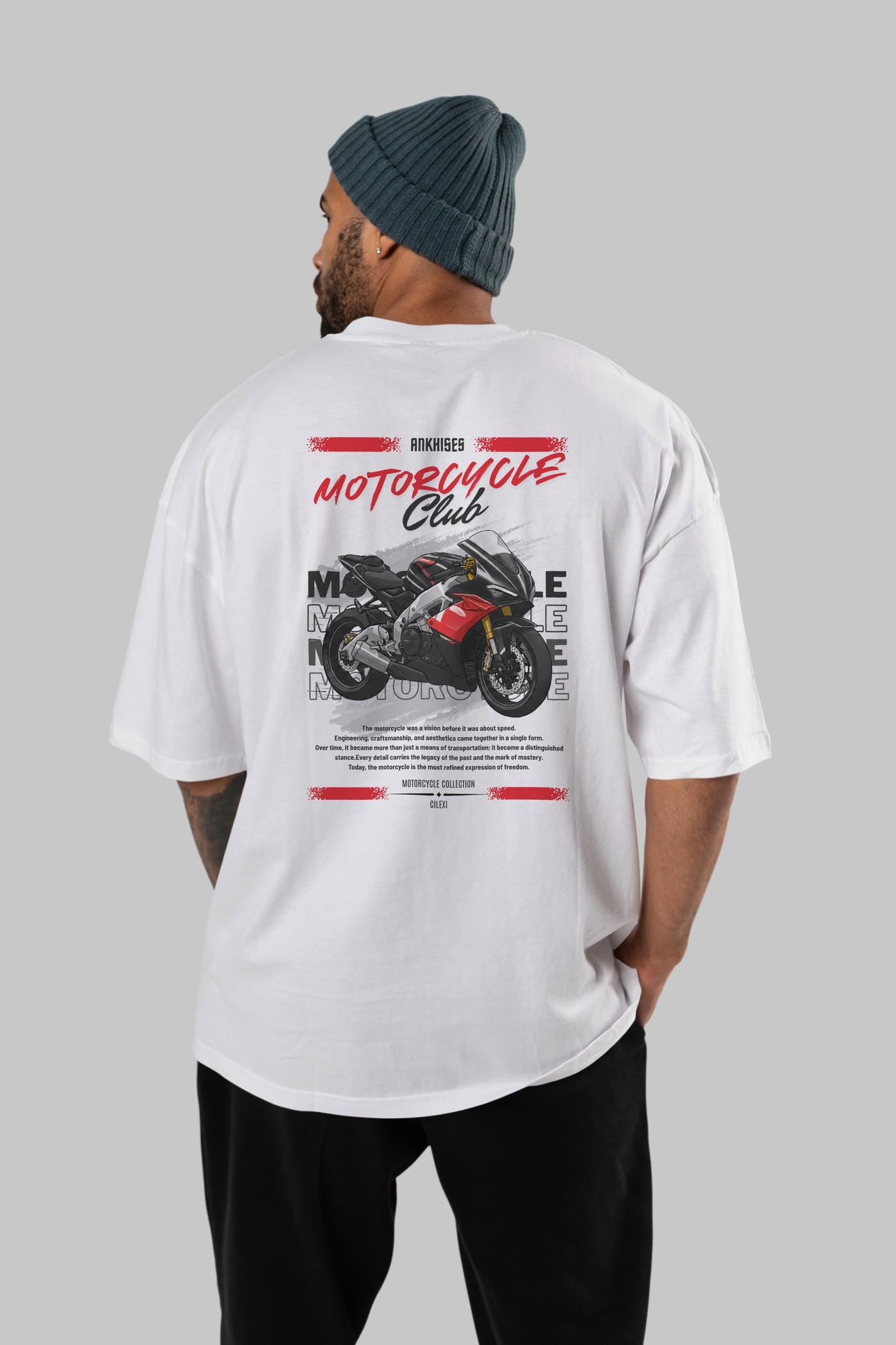 Motosiklet Serisi 8 Arka Baskılı Oversize t-shirt Erkek Kadın %100 Pamuk Bisiklet Yaka tişort