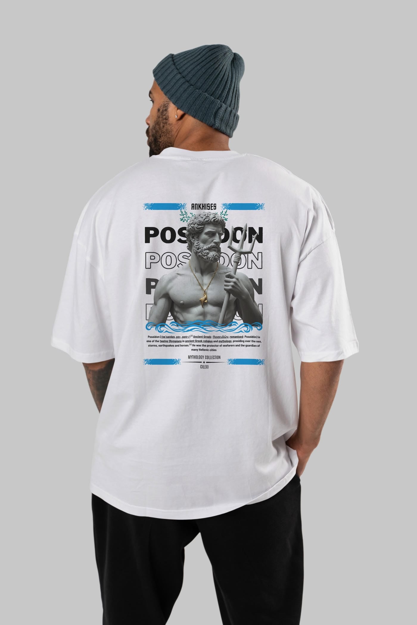 Poseidon 3 Arka Baskılı Oversize t-shirt Erkek Kadın %100 Pamuk Bisiklet Yaka tişort